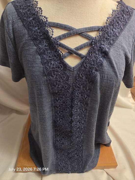 Cable & Gauge Tops - Cable & Gauge Dark Gray Lace-Trim Crisscross V-Neck Short Sleeve Top